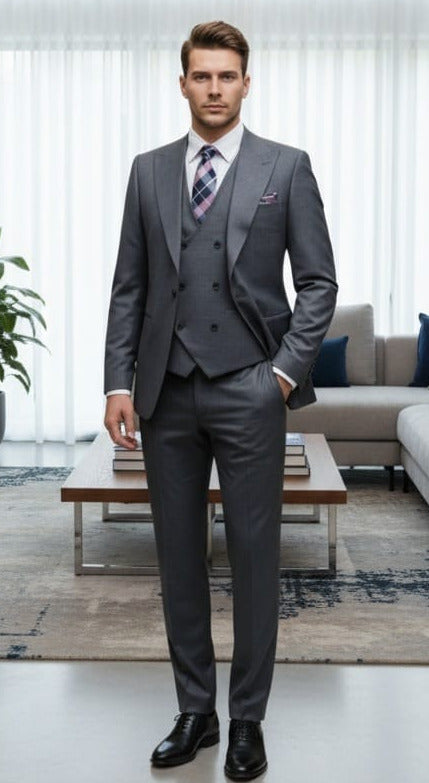 Giovanni Testi 1 Button Peak lapel 3 Piece Sharkskin Suit GT1PA+V-1501 Charcoal