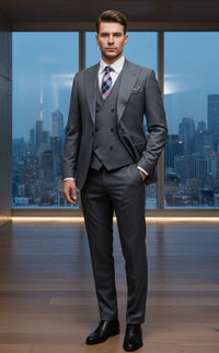 Giovanni Testi 1 Button Peak lapel 3 Piece Sharkskin Suit GT1PA+V-1501 Charcoal