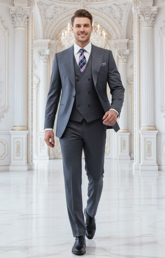 Giovanni Testi 1 Button Peak lapel 3 Piece Sharkskin Suit GT1PA+V-1501 Charcoal