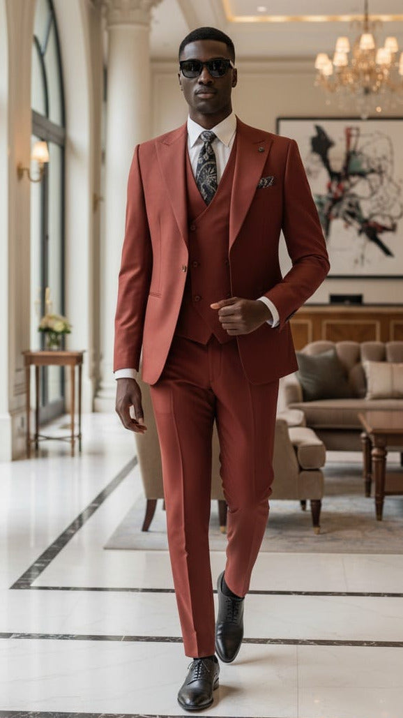 Giovanni Testi 1 Button Peak Lapel 3 Piece Slim Fit Suit GT1PA+V-1501 Rust