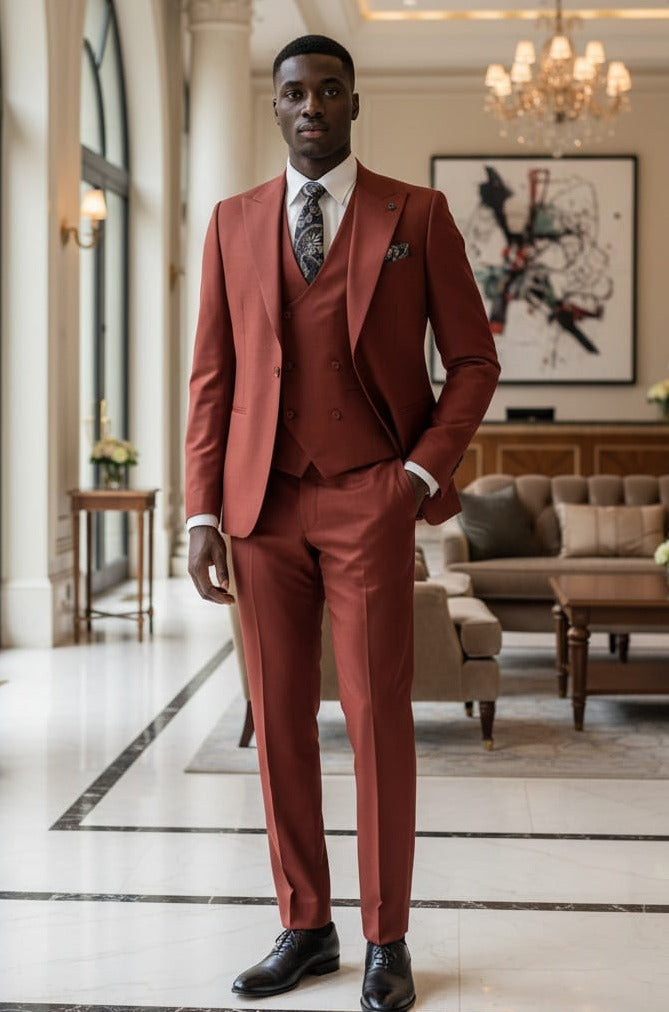 Giovanni Testi 1 Button Peak Lapel 3 Piece Slim Fit Suit GT1PA+V-1501 Rust