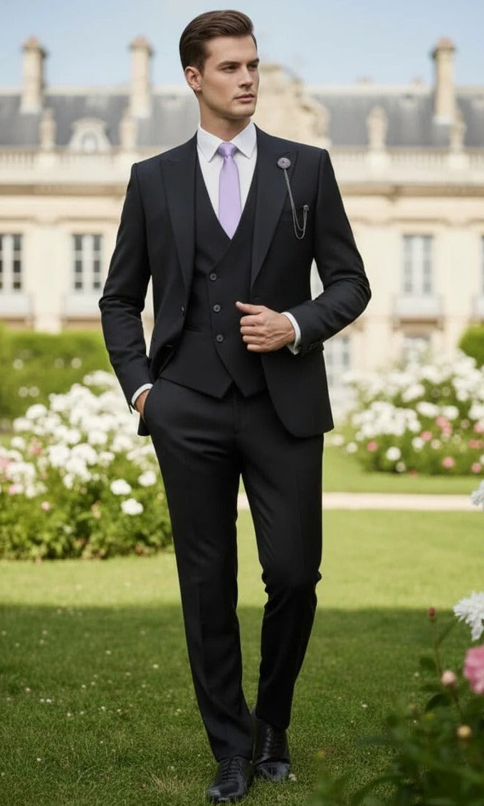 Giovanni Testi 1 button peak lapel 3 piece black slim fit suit GT1PA+V-1501 BLACK