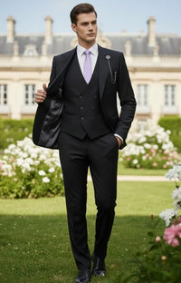 Giovanni Testi 1 button peak lapel 3 piece black slim fit suit GT1PA+V-1501 BLACK