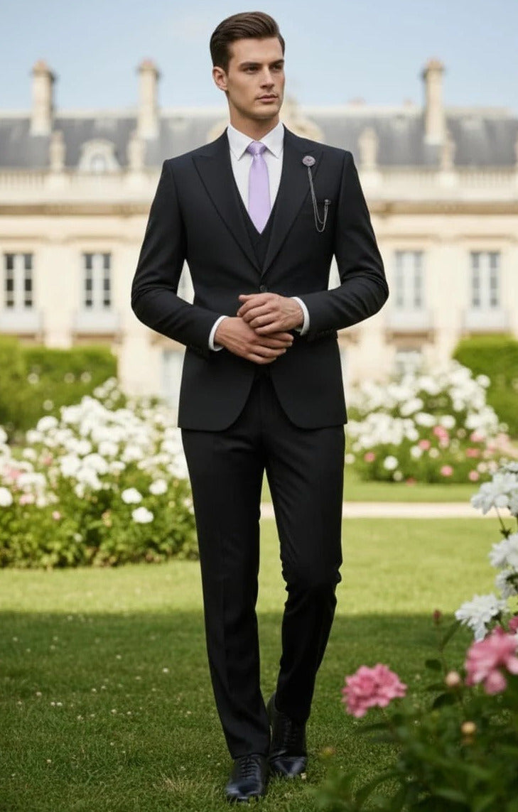 Giovanni Testi 1 button peak lapel 3 piece black slim fit suit GT1PA+V-1501 BLACK