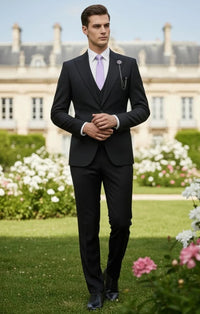 Giovanni Testi 1 button peak lapel 3 piece black slim fit suit GT1PA+V-1501 BLACK