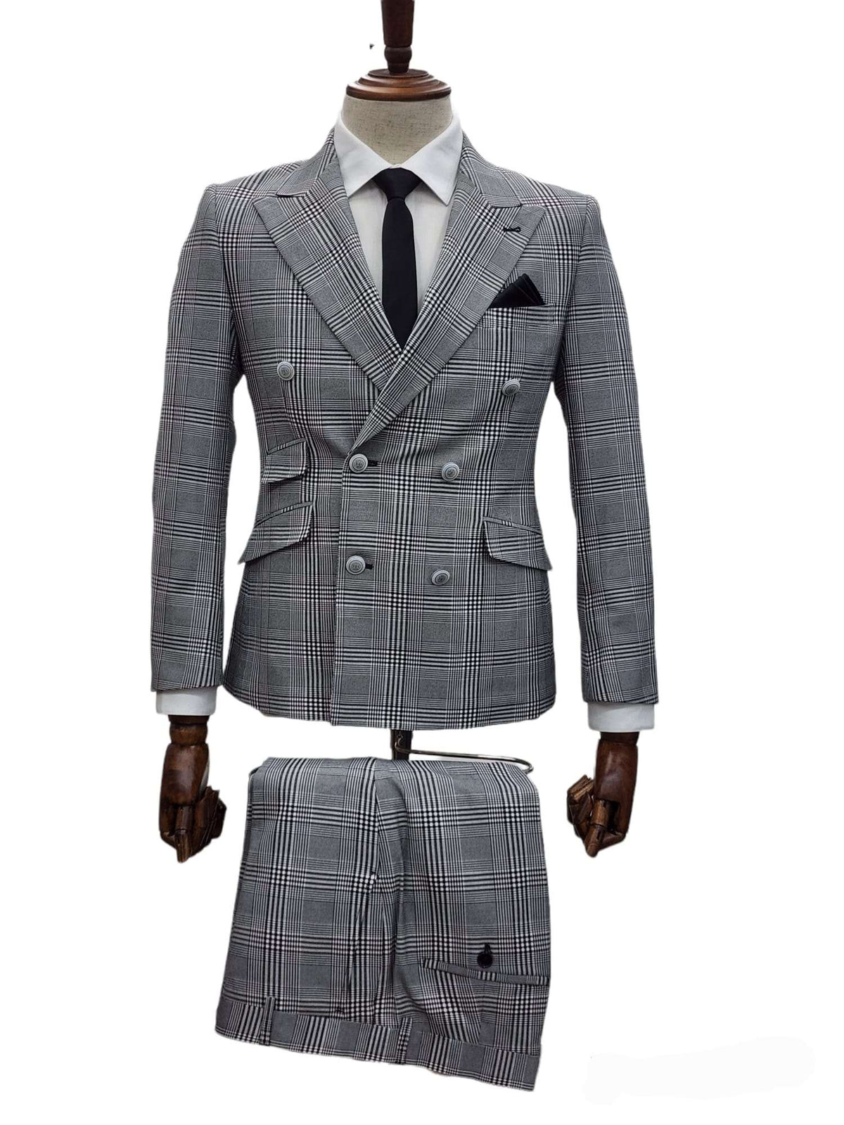 Giovanni Testi Slim Fit Double Breasted Suit GT6DB-1251 Black/WHITE/PLAID