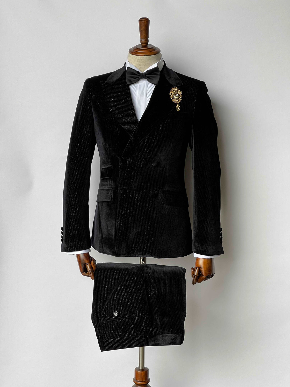 Giovanni Testi Double Breasted Velvet Black Pinstripe Slim Fit Suit GT4DB-18229