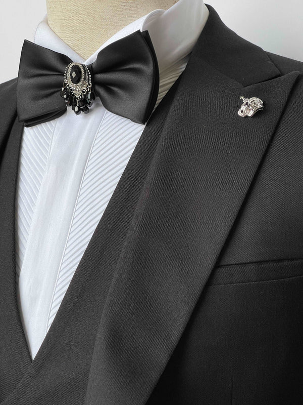 Giovanni Testi 1 button peak lapel 3 piece black slim fit suit GT1PA+V-1501 BLACK