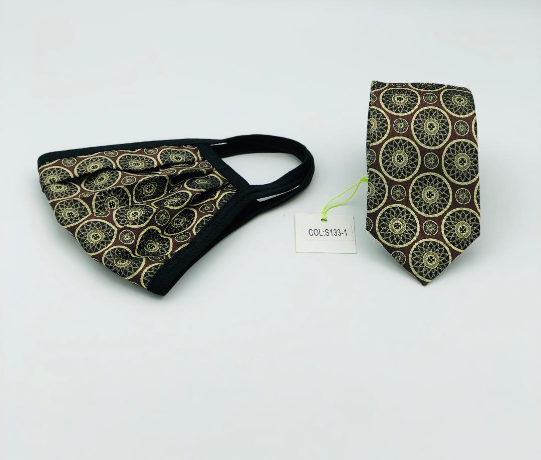 Face Mask & Tie Set S133-1 Brown/Gold Circles