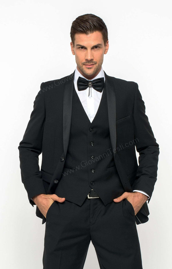 2 Button Black Slim Fit Suit with Shawl Lapel FF2SSX+V-1230