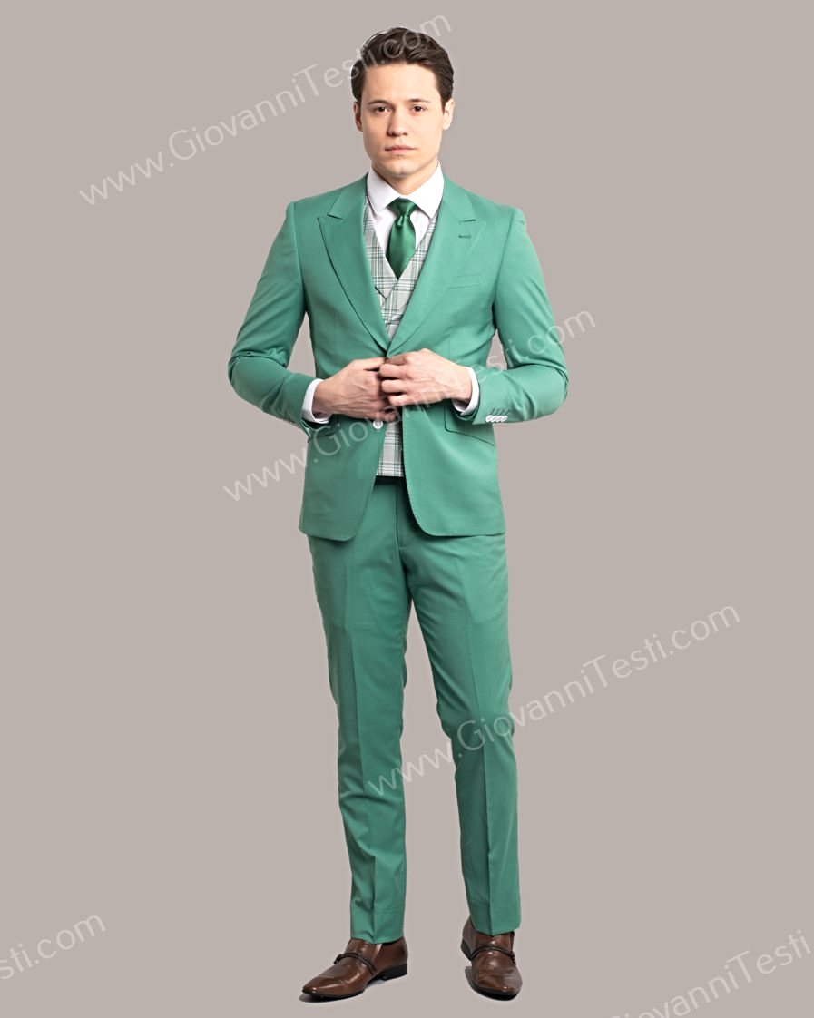 Giovanni Testi Green 2 Button Slim Fit Suit with Plaid Vest