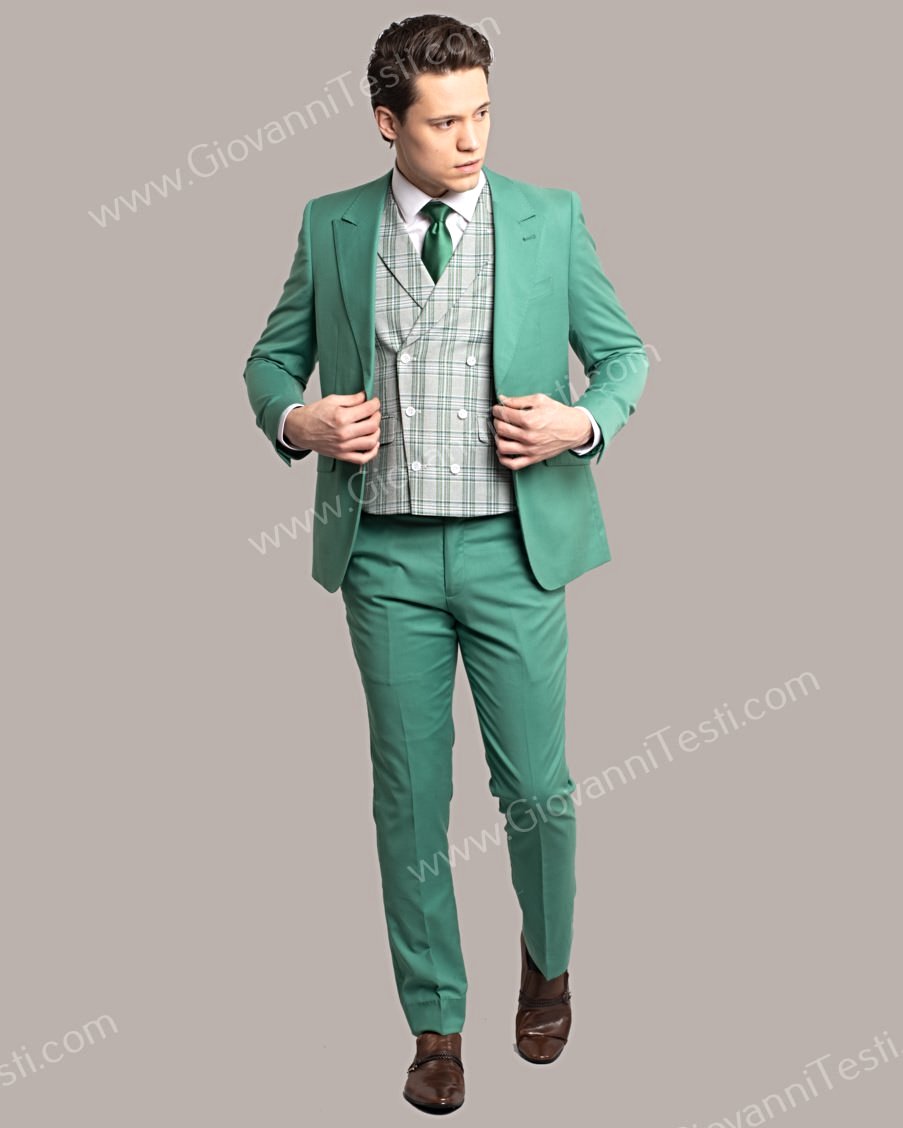 Giovanni Testi 2 Button Slim Fit Suit with Plaid Vest GT2DG+V-6817 Green