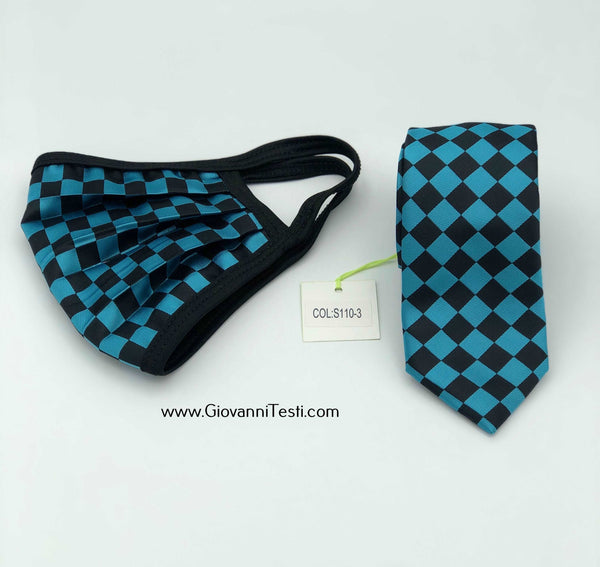 Face Mask & Tie Set S110-3, Turquoise Checkered