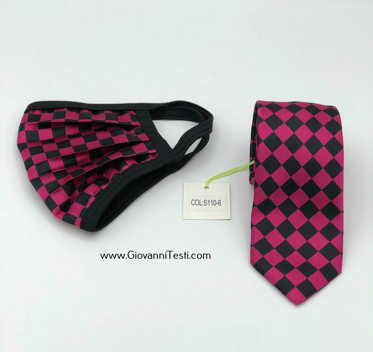 Face Mask & Tie Set S110-6, Fuchsia Checkered