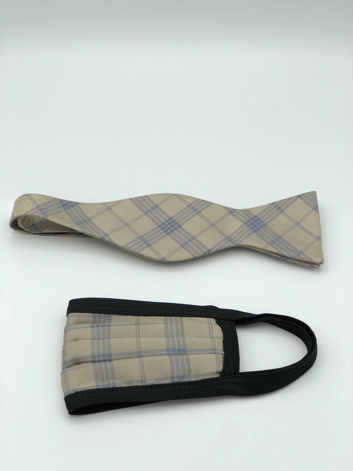 Self Bow Tie & Face Mask Set, Taupe Plaid