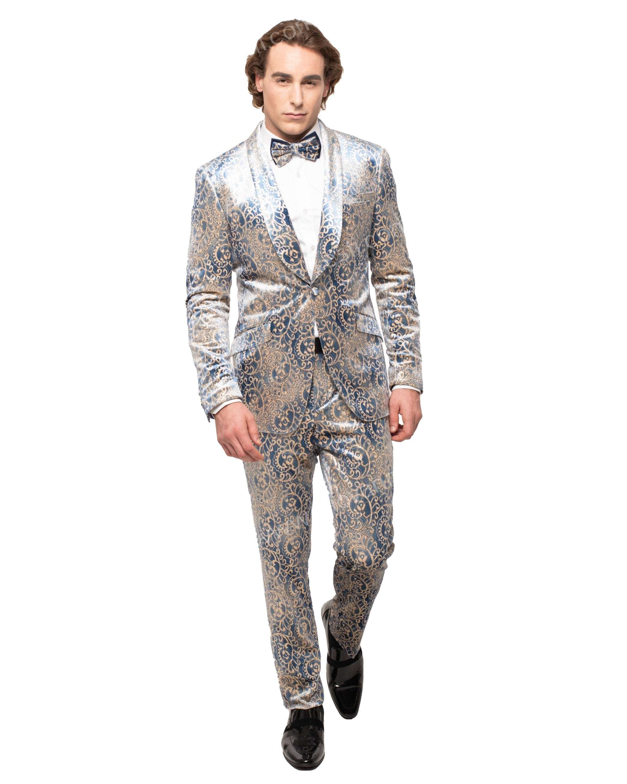 Giovanni Blue/Ivory/Gold 1 Button Stretch Velvet Shawl Lapel Suit