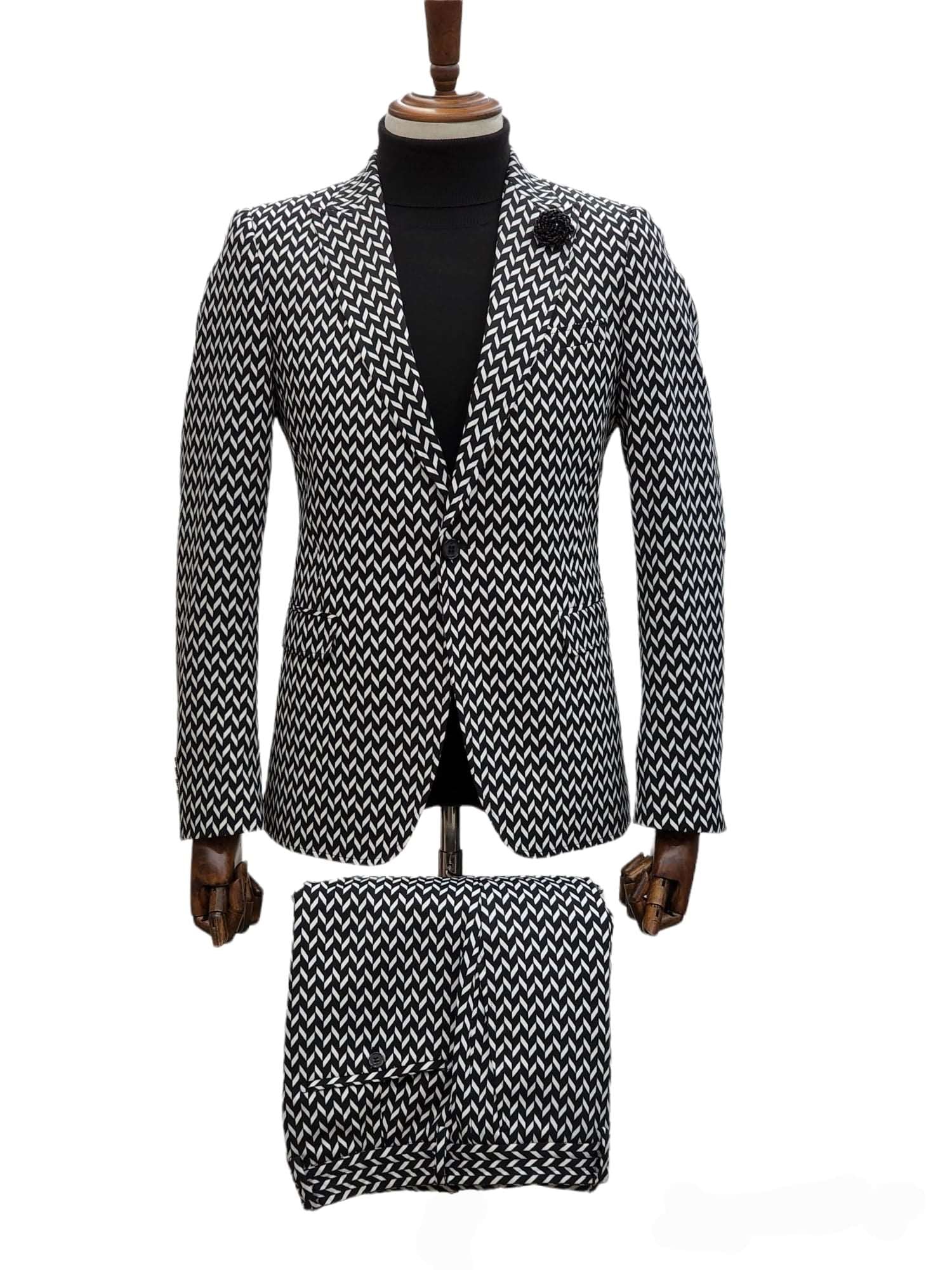 Giovanni Testi Black/White Slim Fit Travel Suit - Zig Zag – Suitfellas