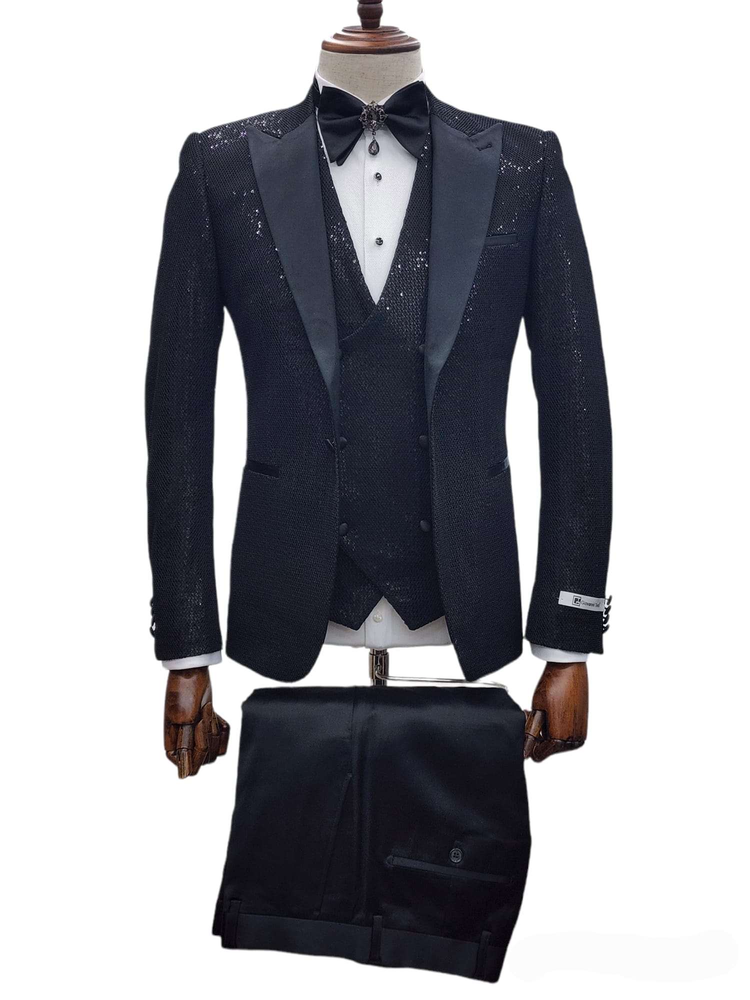 Giovanni Testi Black 1 Button Peak Lapel Shiny Suit - Buy Online