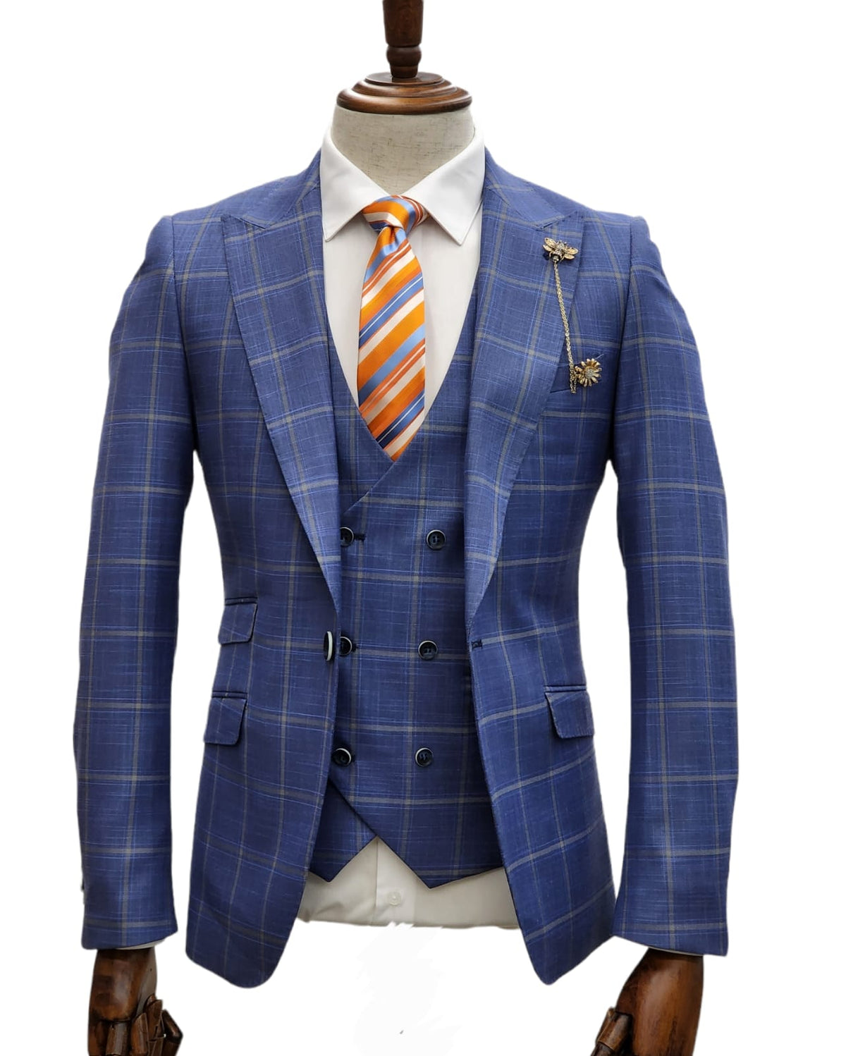 Giovanni Testi 1 Button 3Pc slim fit Suit GT1P+V-4702 BLUE/CREAM/PLAID